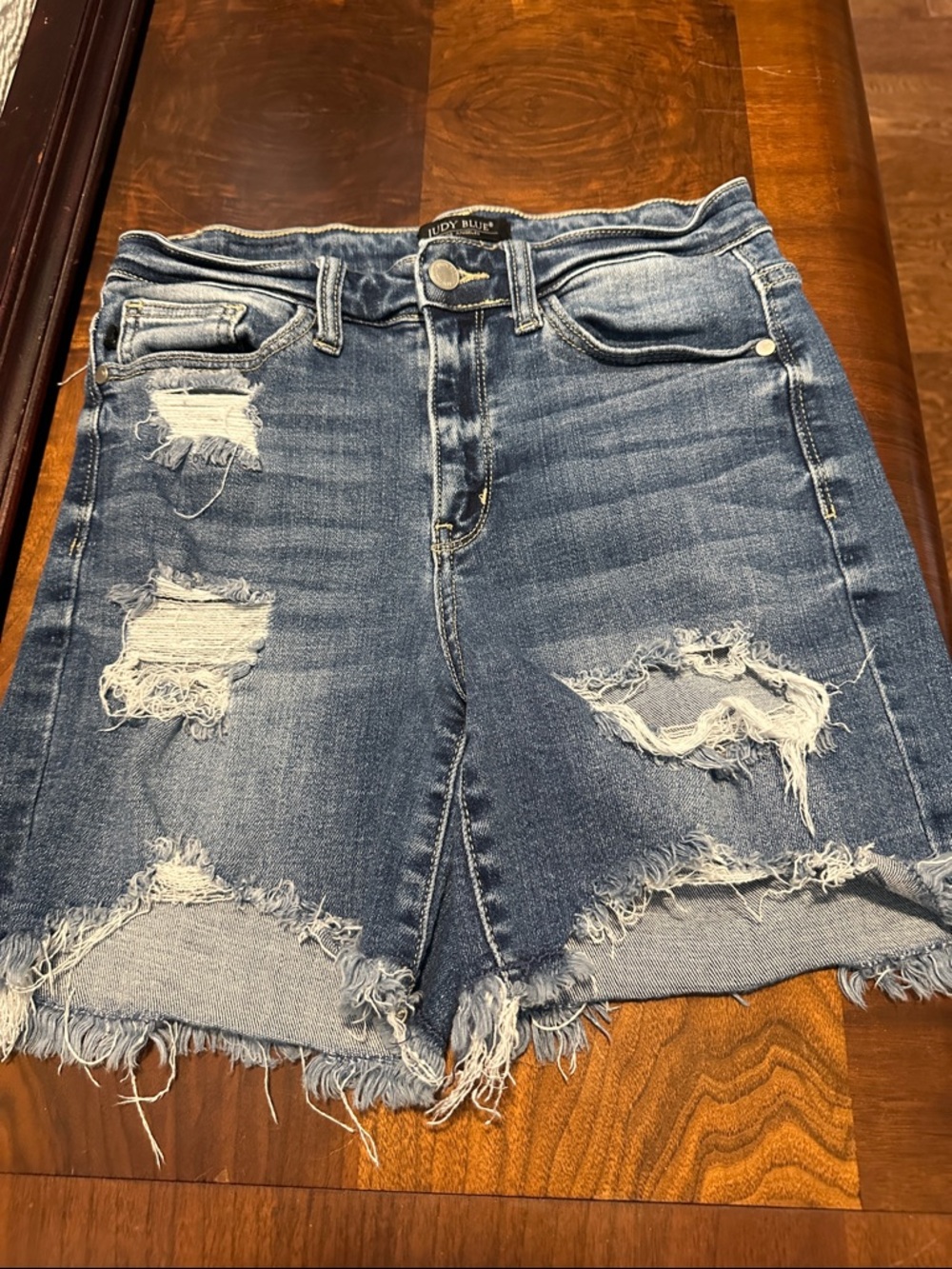 Judy Blue Ripped Denim Shorts High Waist  Dark Blue Wash S